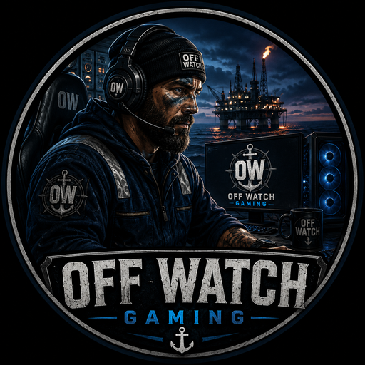 Off Watch Gaming logo: a bearded gamer in a headset and beanie at a PC, with an offshore oil rig behind him at night